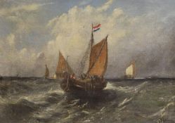 19th century English School, oil on canvas, Dutch fishing boat off the coast, indistinctly signed,