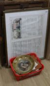 A collection of hop-related material: tokens, Whitbread advertising, framed print, pot lid type