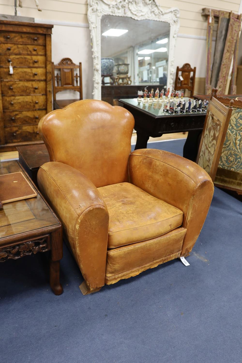 A pair of mid 20th century French tan leather club armchairs, width 90cm, depth 84cm, height 80cm - Image 3 of 5