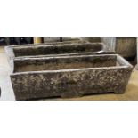 Three rectangular reconstituted stone garden planters, one lacking base, largest width 91cm,