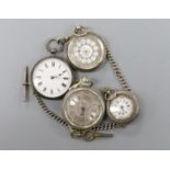 Four assorted late 19th century silver or white metal fob watches including two with case.