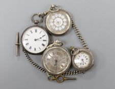 Four assorted late 19th century silver or white metal fob watches including two with case.