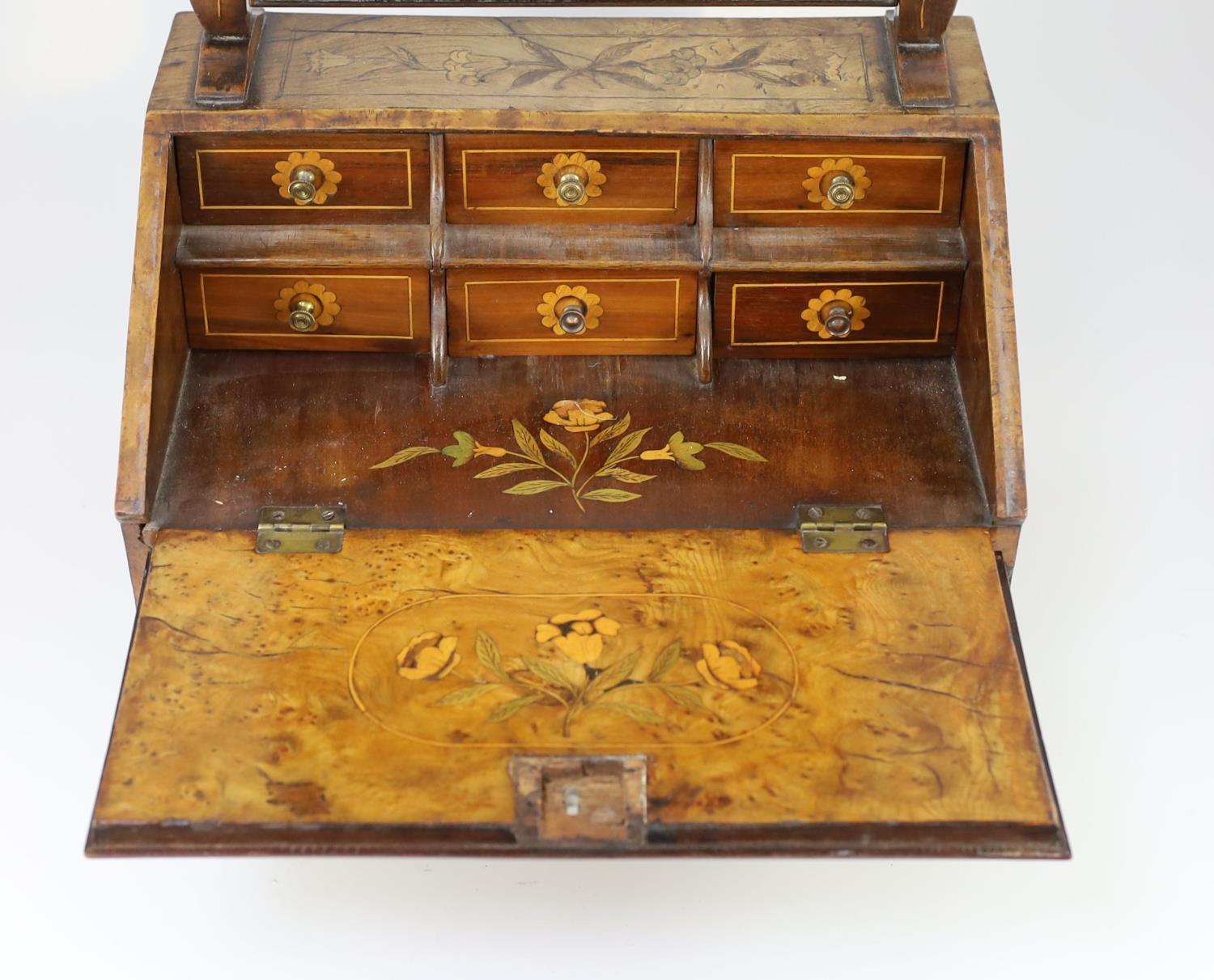 A mid to late 18th century Dutch walnut and marquetry toilet mirror bureau,with original plate, - Image 4 of 5