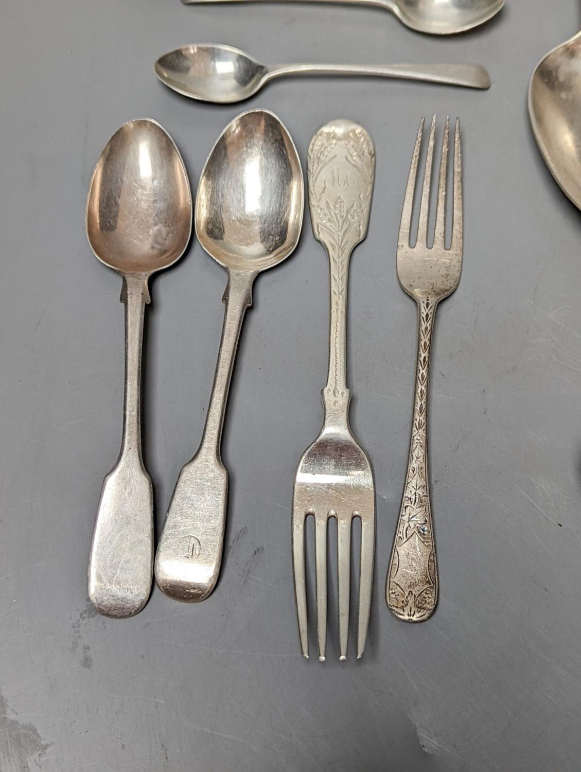 A small quantity of assorted mainly 19th century silver flatware including a pair of George III - Image 2 of 6