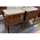 A pair of Louis XVI style gilt metal mounted mahogany marble topped two drawer bedside cupboards,