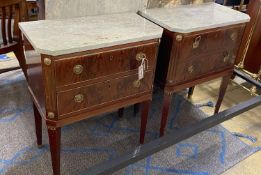 A pair of Louis XVI style gilt metal mounted mahogany marble topped two drawer bedside cupboards,