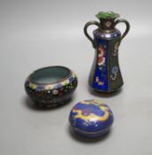 A Chinese cloisonné enamel dragon box and cover and two Japanese cloisonné enamel vessels, tallest