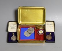 A WWI Queen Mary Christmas box, two National reserve London enamelled badges and two college