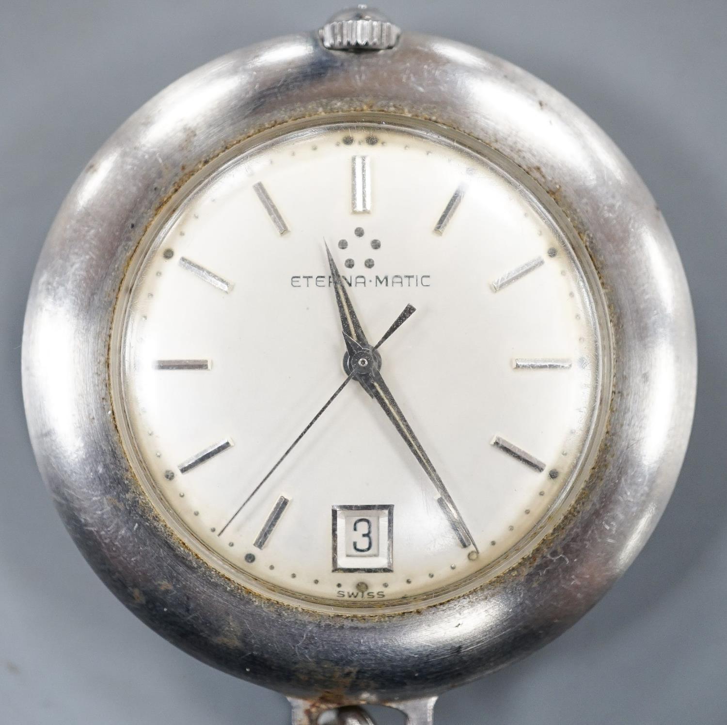 A base metal cased Eterna-matic manual wind dress pocket watch, with date aperture, on a metal - Image 2 of 4