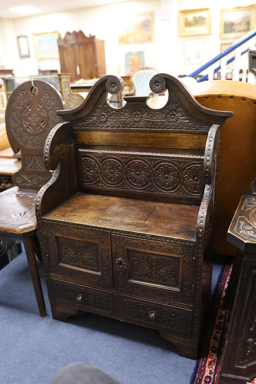 An early 20th century carved oak hall seat, width 64cm, depth 28cm, height 88cm together with two - Image 3 of 4