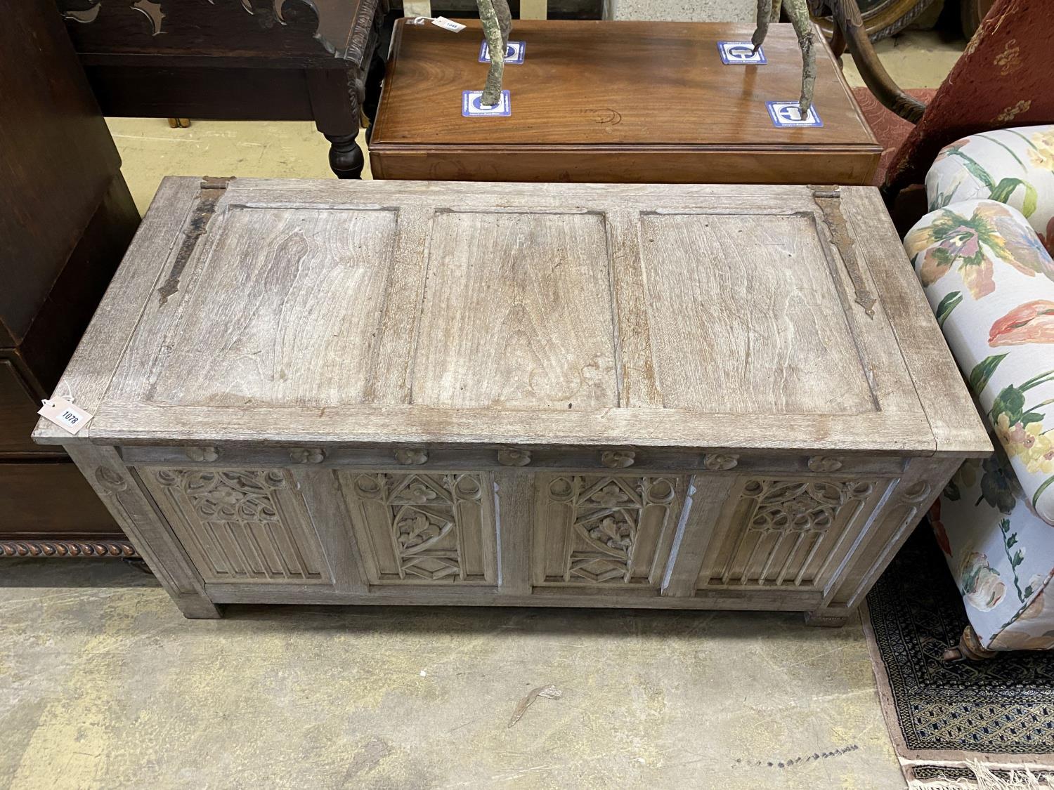 A 17th century style bleached oak coffer, length 136cm, depth 61cm, height 63cm - Image 2 of 3