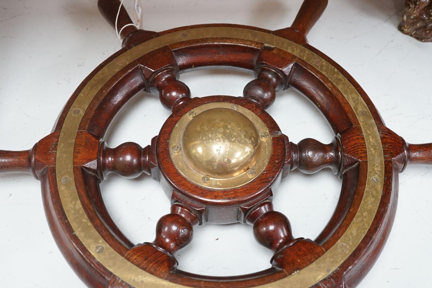 An early 20th century teak and brass mounted ship’s wheel 64cm - Image 3 of 4