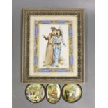 A Persian framed painting and three similar miniatures on pearl shell,19 cms wide x23 cms high