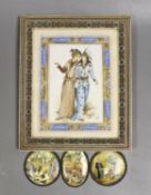 A Persian framed painting and three similar miniatures on pearl shell,19 cms wide x23 cms high