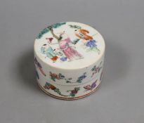 A 19th century Chinese famille rose box and cover, Liberty retail label,9.5 cms diameter.