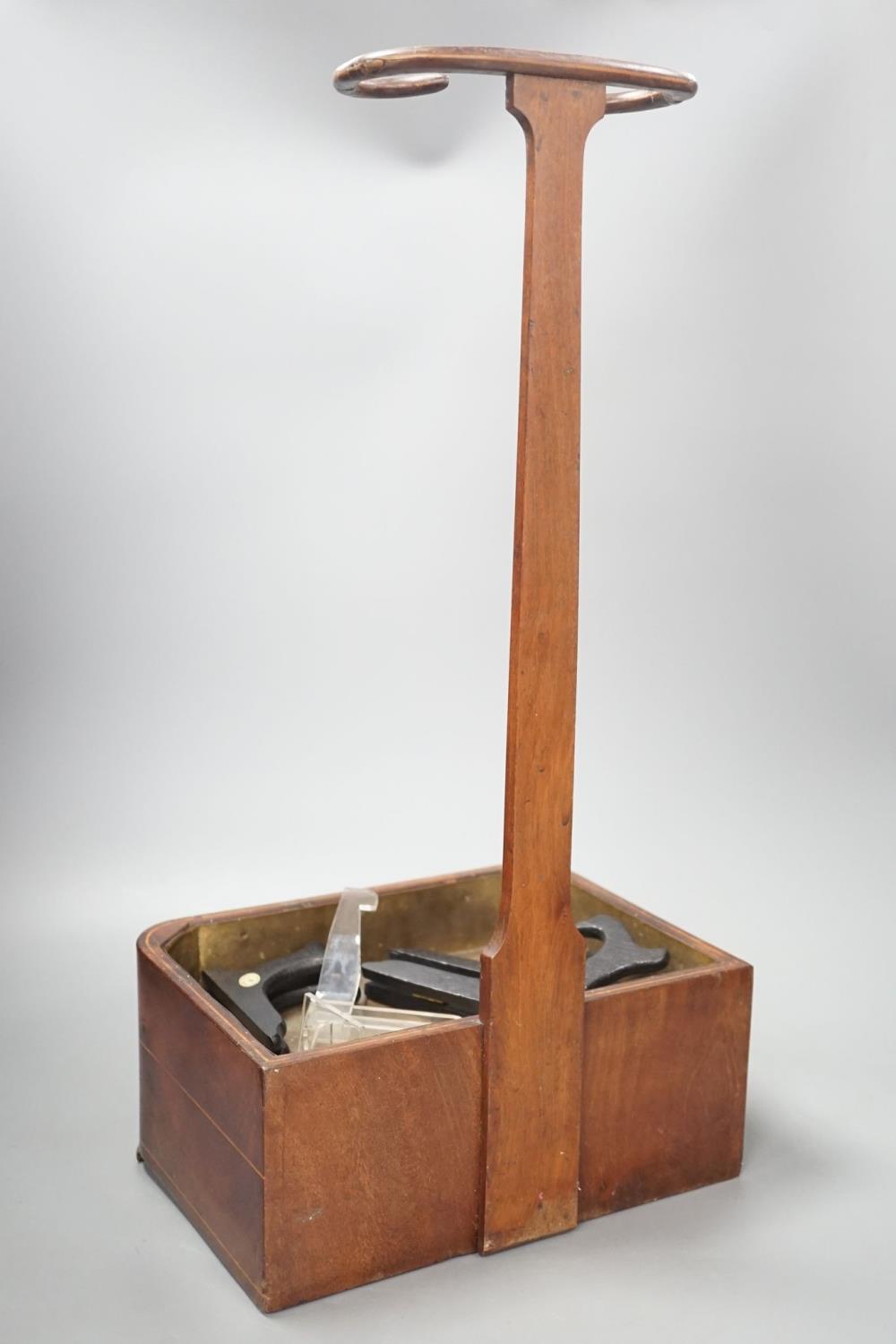 A 19th century satinwood strung mahogany stick stand with fitted drawer, 54 cms high. - Image 7 of 7