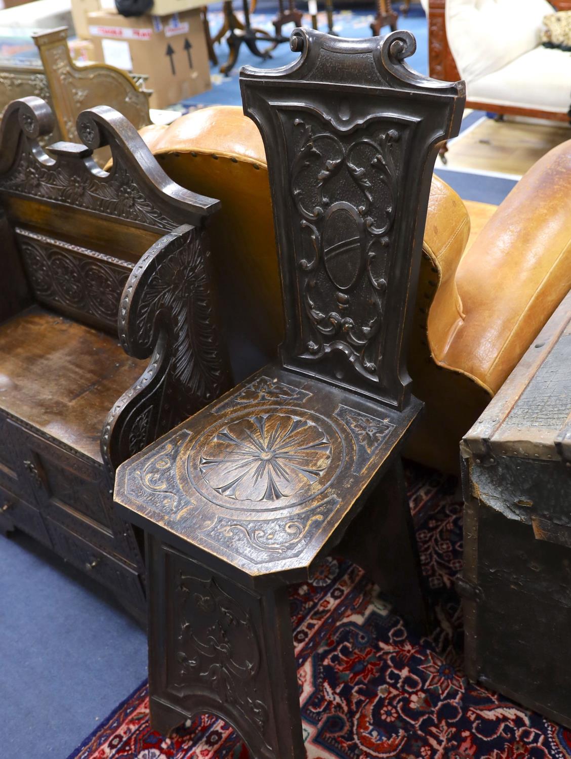 An early 20th century carved oak hall seat, width 64cm, depth 28cm, height 88cm together with two - Image 2 of 4