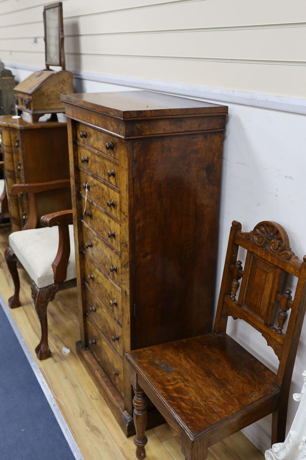 A Victorian figured walnut eight drawer Wellington chest with single locking bar, width 61cm, - Image 2 of 2