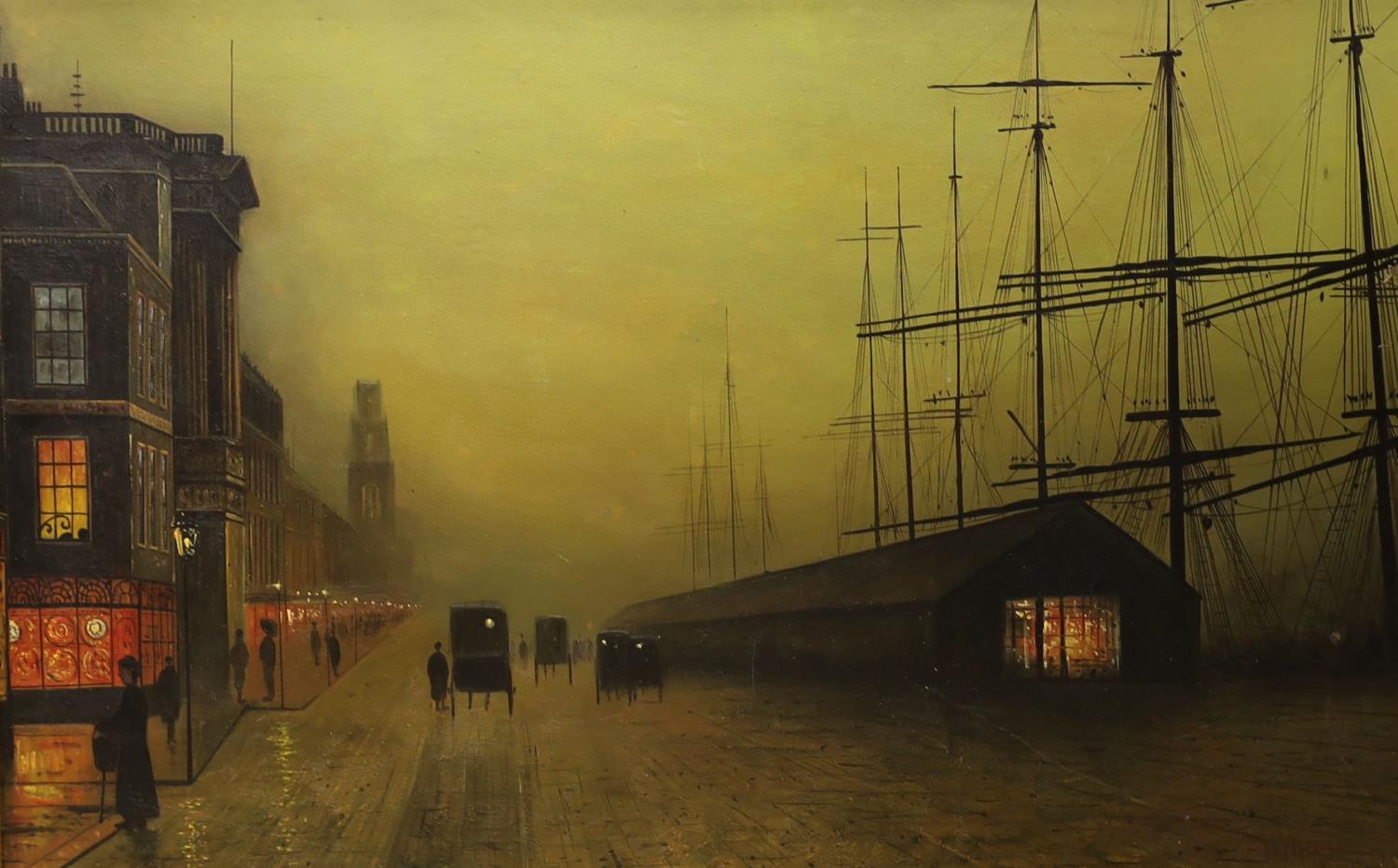 W. Meegan, oil on board, Shops and wharf by night, 43 x 67cm