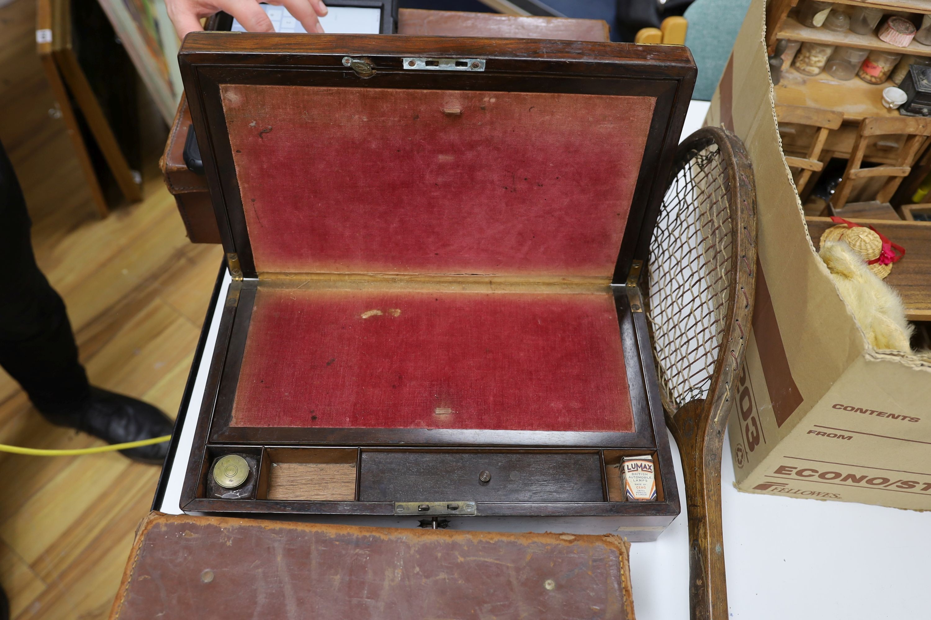 A brass bound writing slope, two small cases of Masonic Regalia and an antique tennis racquet - Image 4 of 6