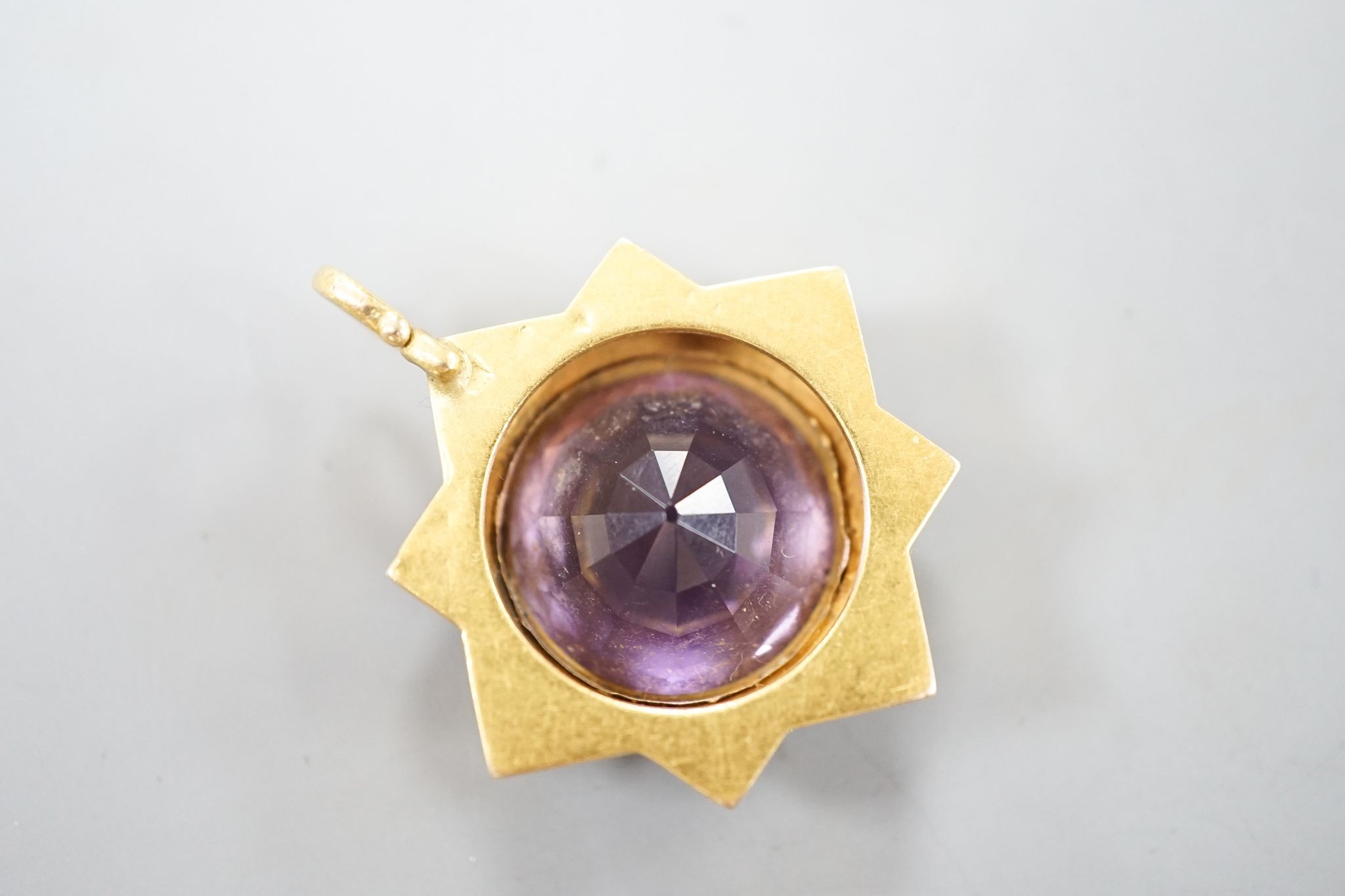 A late Victorian yellow metal and amethyst set pendant, 35mm, gross 7.5 grams. - Image 3 of 3
