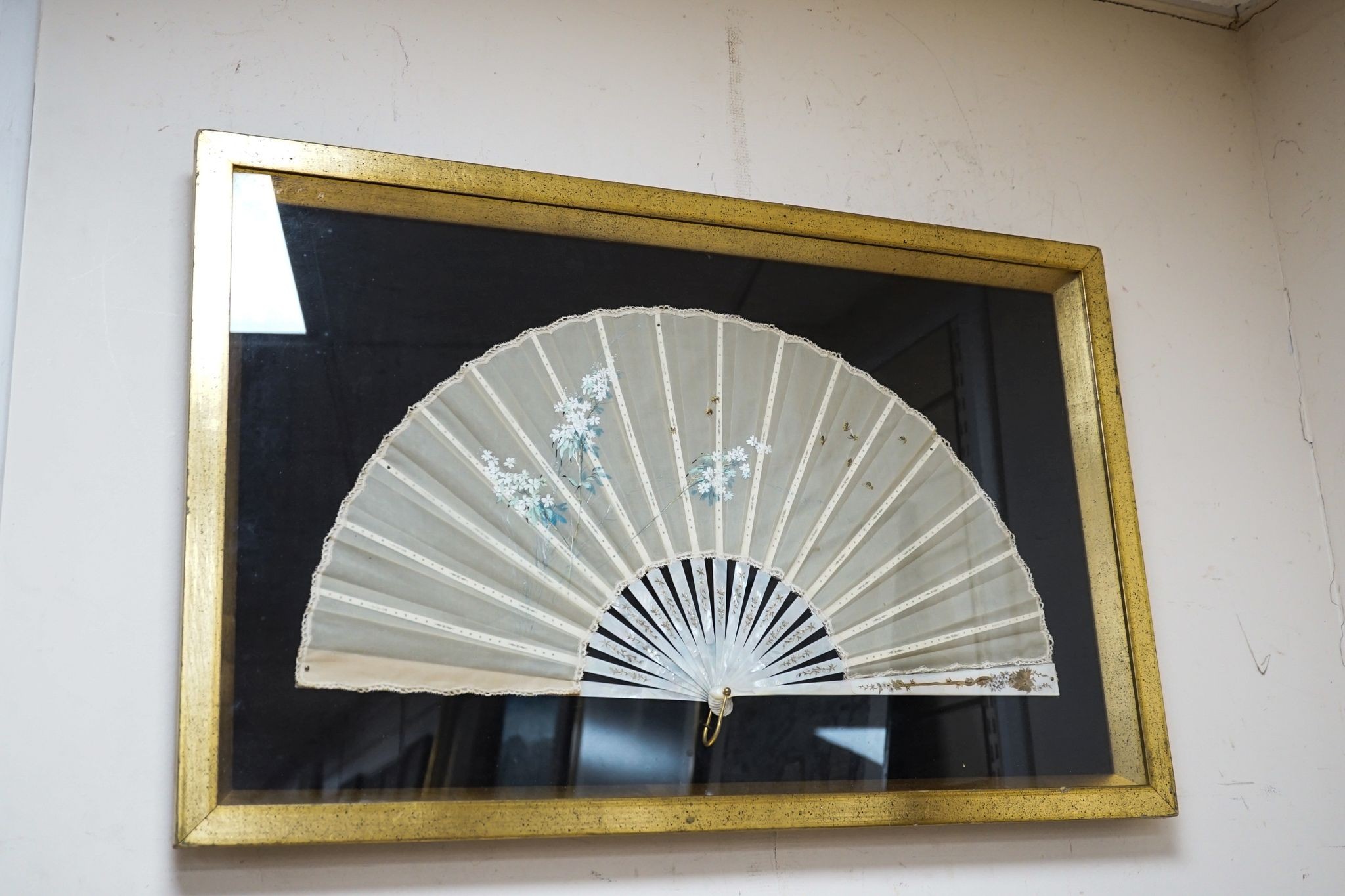 A framed 19th century French mother of pearl and painted silk fan, approx. 60cm long excl frame - Image 2 of 8