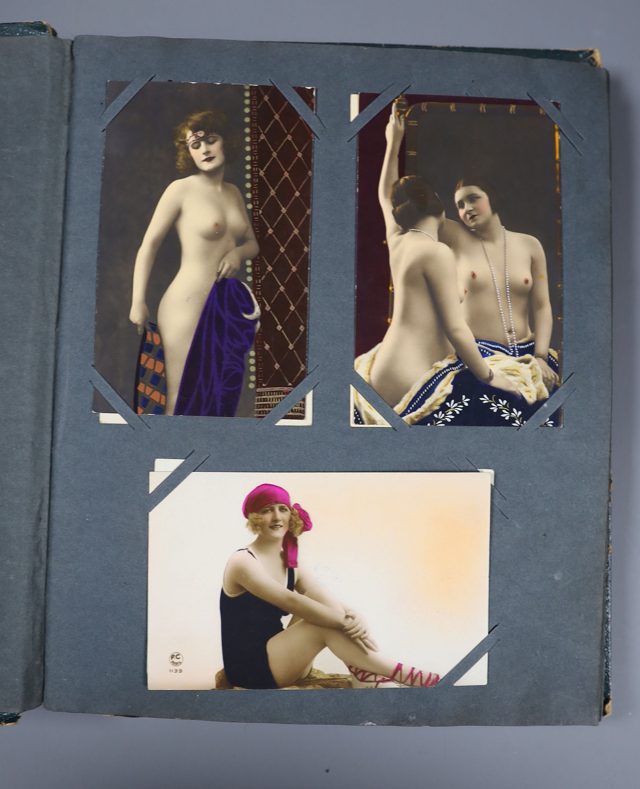 An Edwardian green postcard album, mounted with 68 risque cards and a brown album mounted with - Image 6 of 9