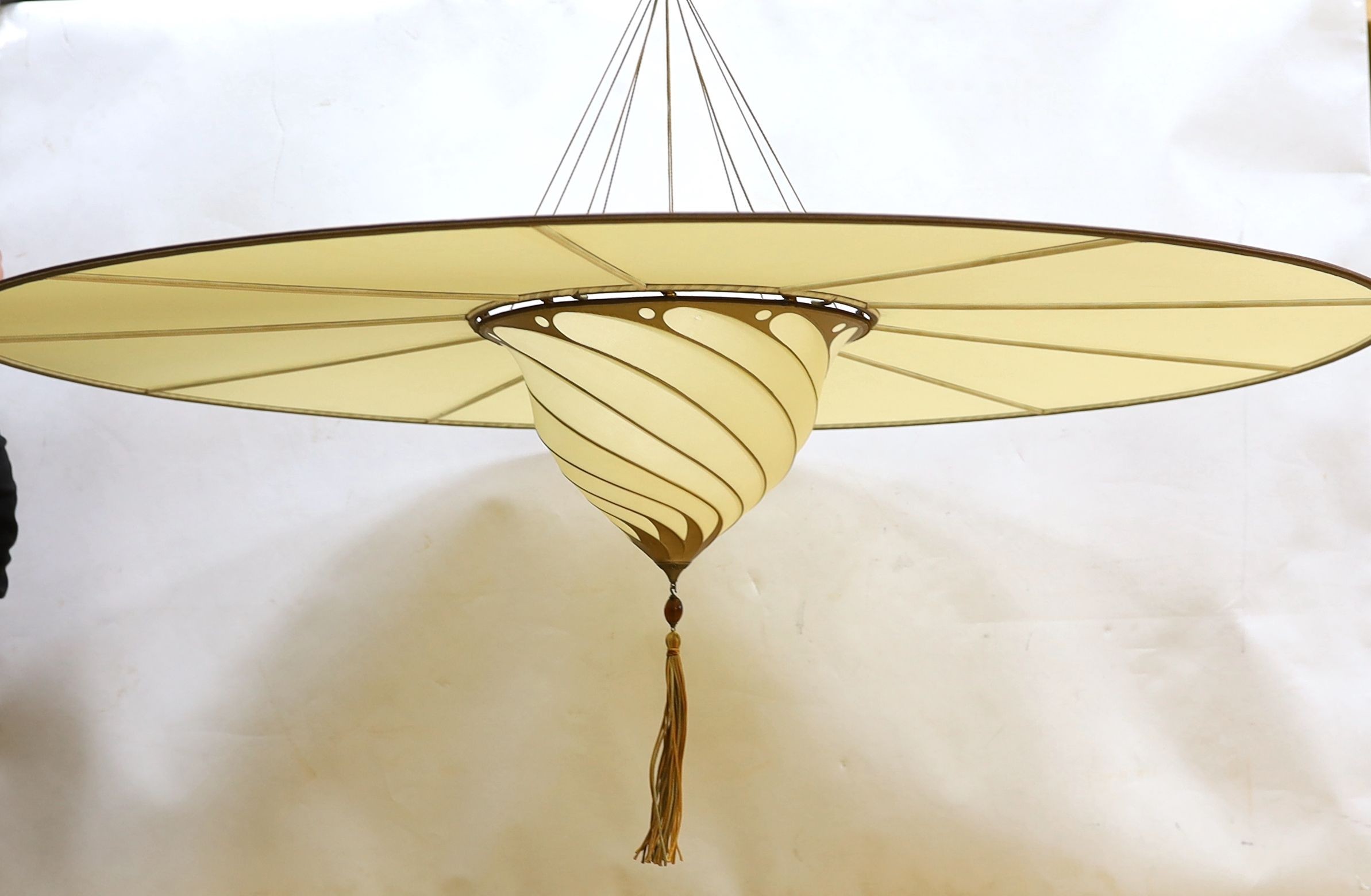 A pair of Fortuny silk ceiling shades with discs