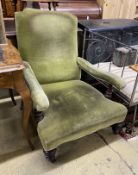 A late Victorian Howard style upholstered open armchair, width 74cm, depth 88cm, height 92cm