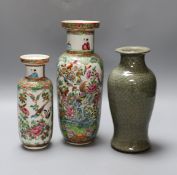 Two Chinese famille rose vases and a Celadon crackle glazed vase, 19th-century and later, tallest 25