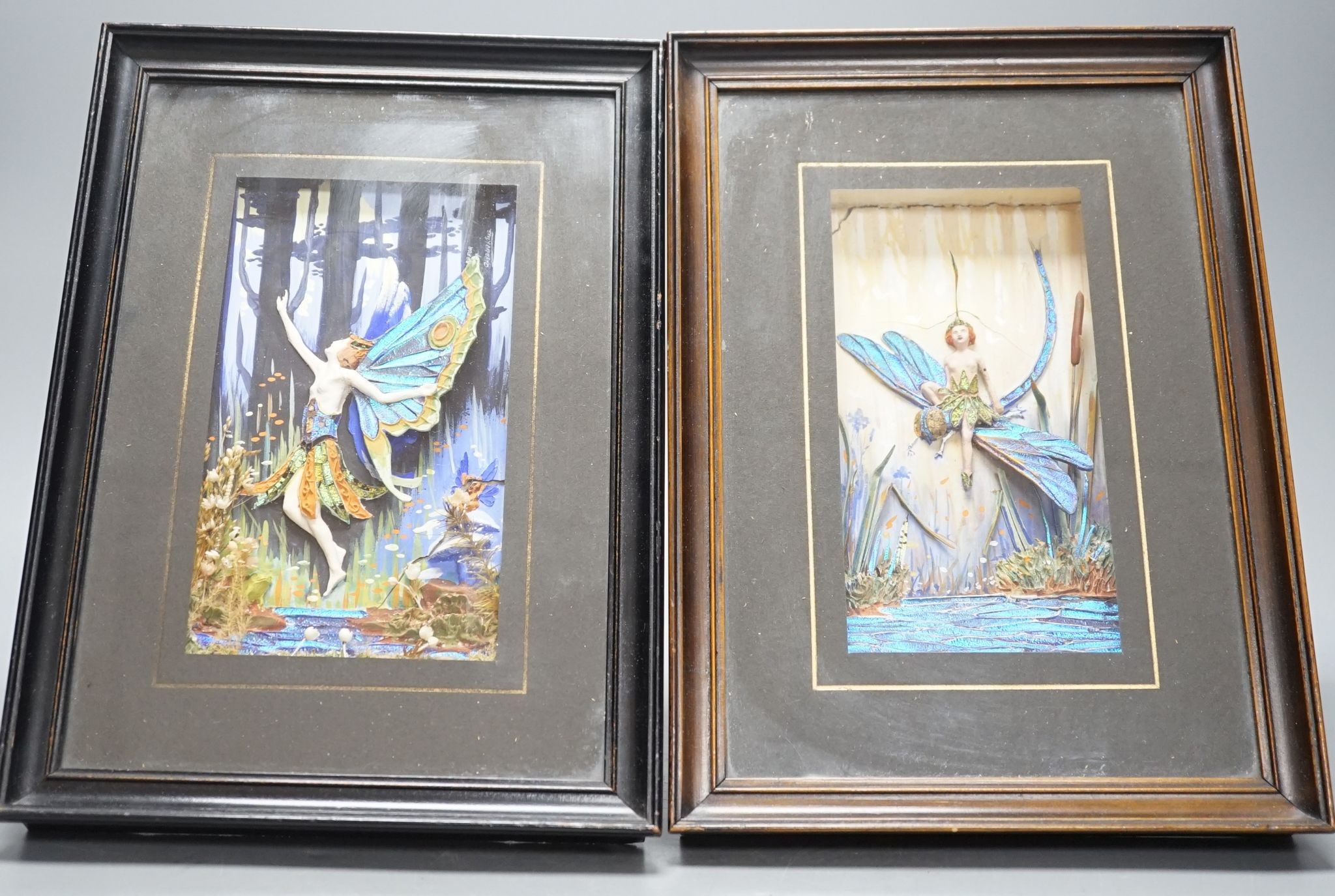 A pair of morpho butterfly wing nymph diorama, signed Gaydon King, Pat. App. For 19907/29, c.