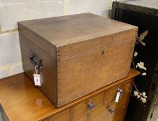 A Victorian oak box, the cover with engraved brass plaque R. Foster Esq., length 56cm, depth 45cm,