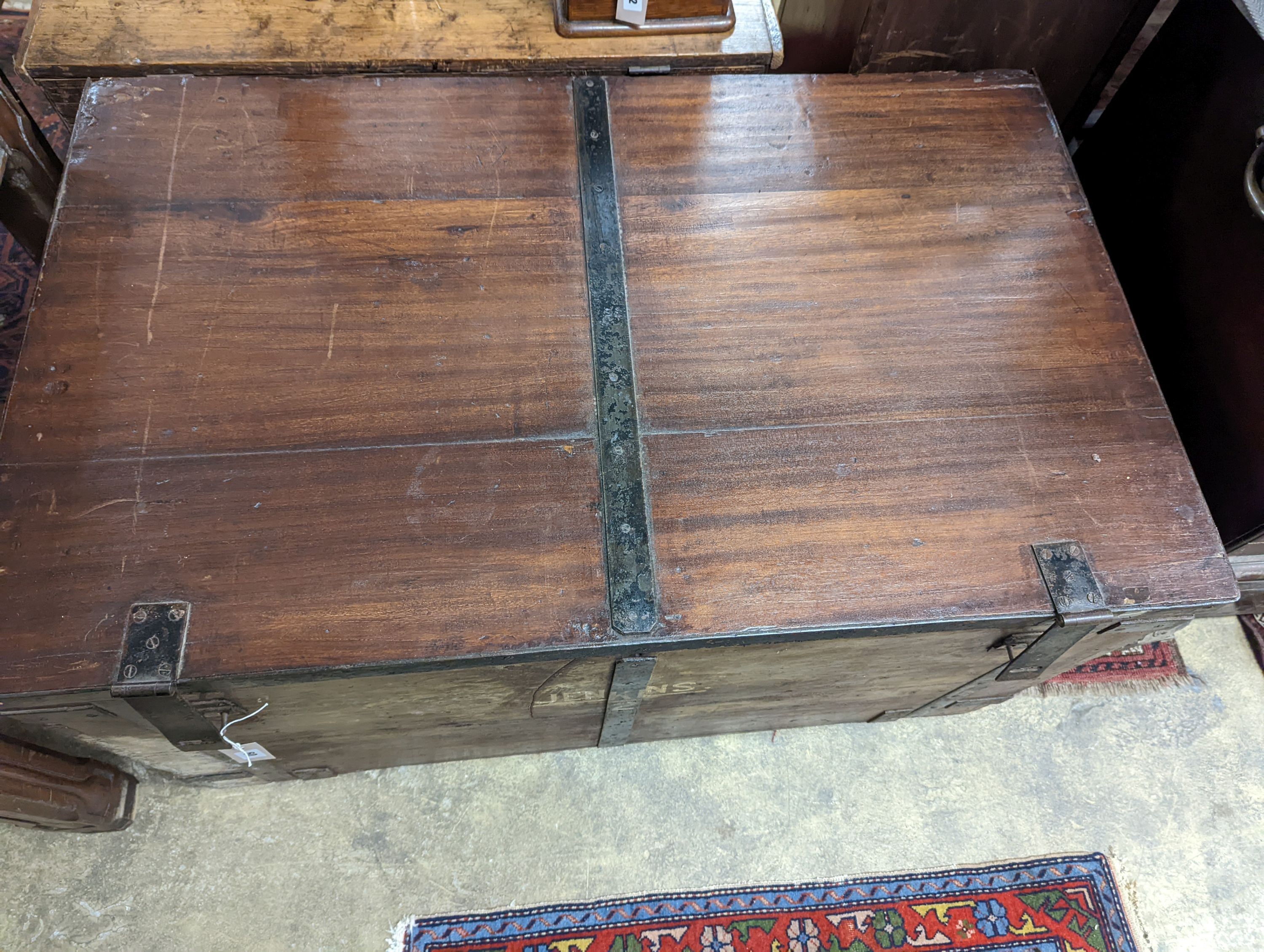 A Victorian iron bound teak trunk with zinc lined interior, width 110cm, depth 67cm, height 61cm - Image 2 of 5