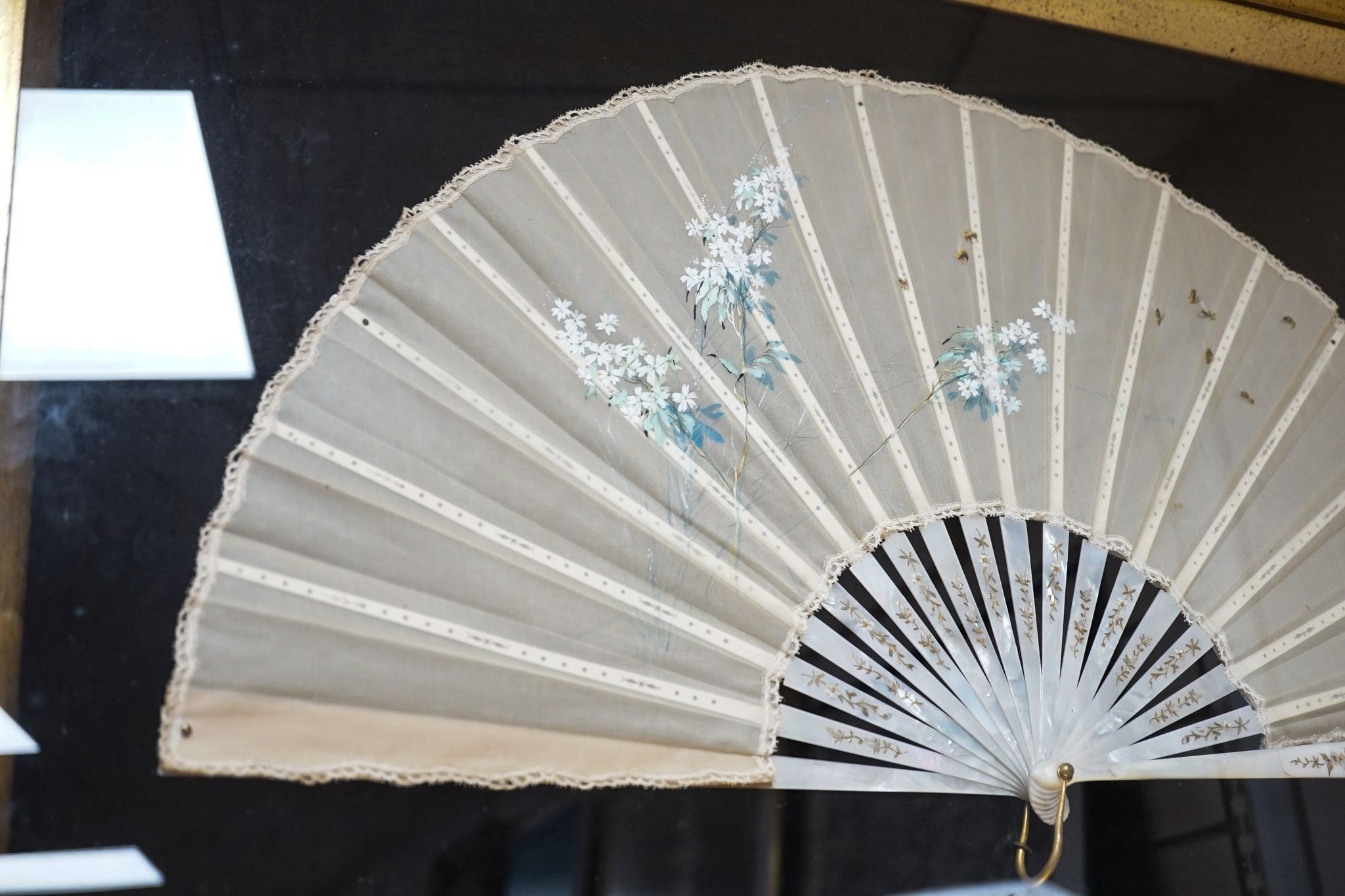 A framed 19th century French mother of pearl and painted silk fan, approx. 60cm long excl frame - Image 3 of 8