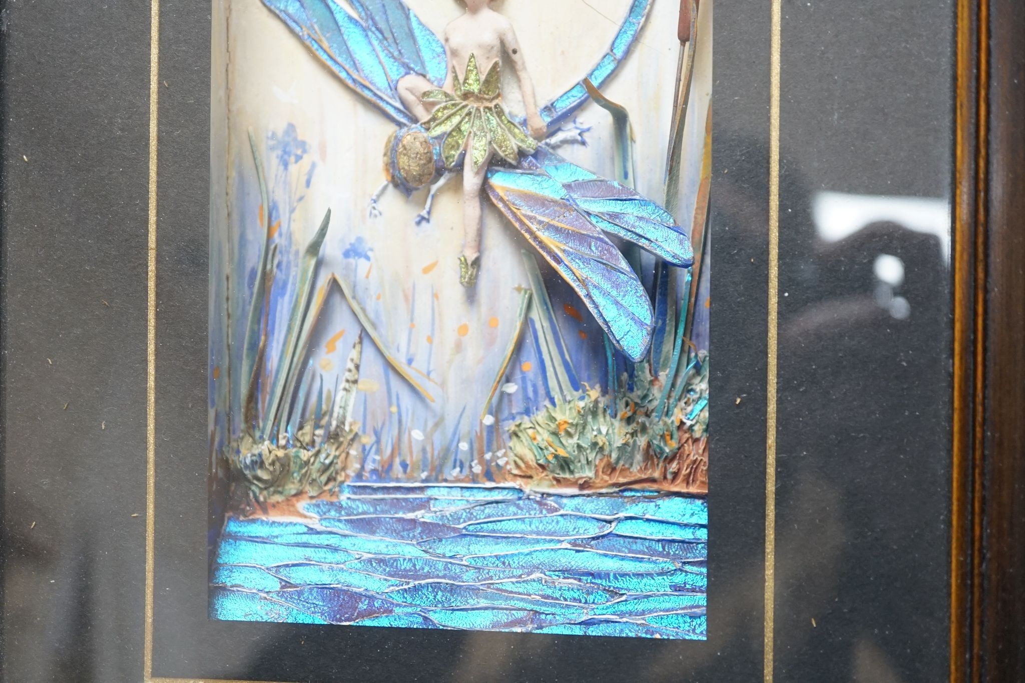 A pair of morpho butterfly wing nymph diorama, signed Gaydon King, Pat. App. For 19907/29, c. - Image 5 of 7