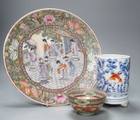 A Chinese brushpot, famille rose dish and a 'dragon' bowl, largest measurement 31cm