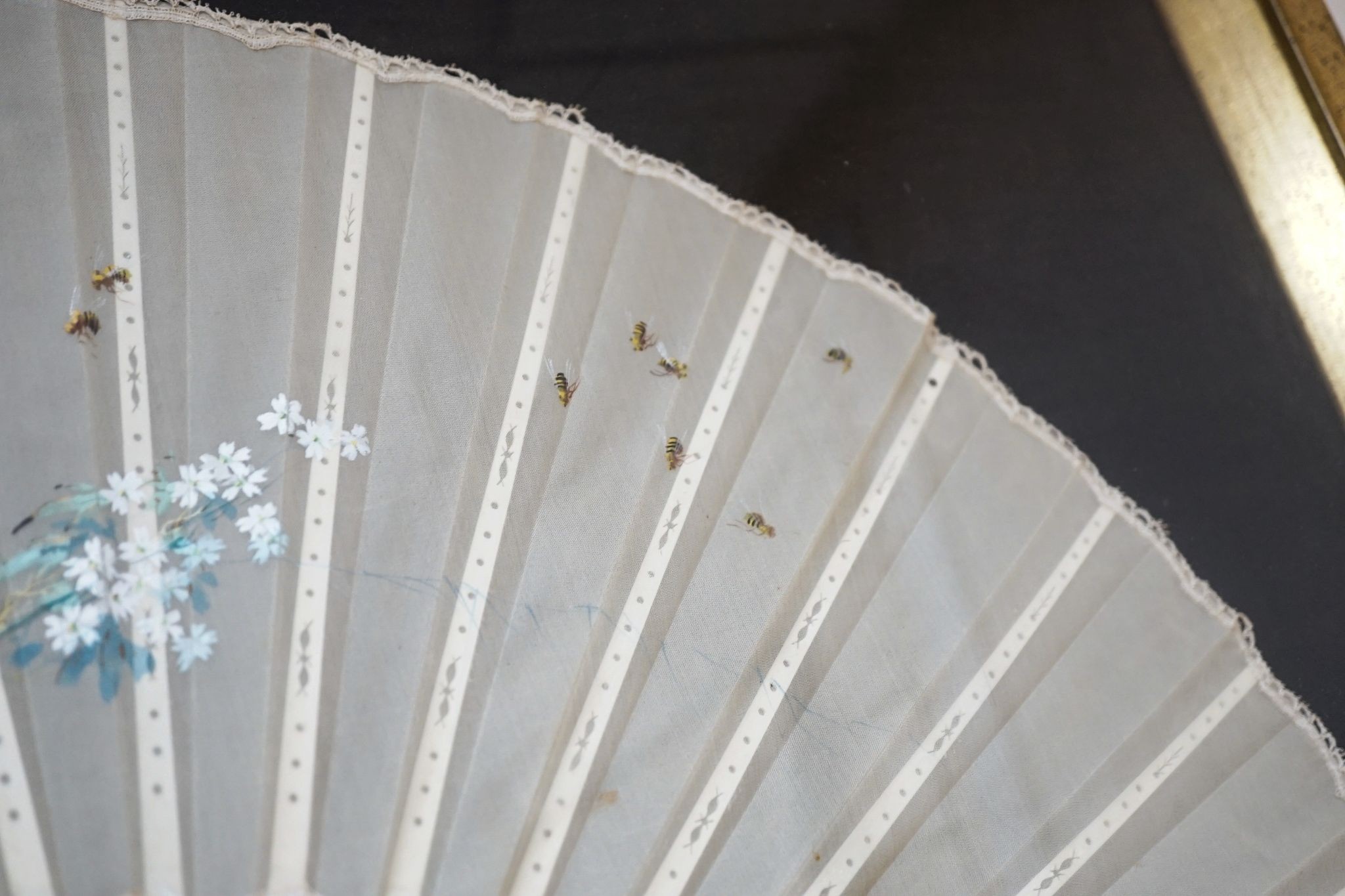 A framed 19th century French mother of pearl and painted silk fan, approx. 60cm long excl frame - Image 6 of 8
