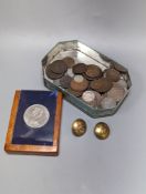 A collection of coins, commemorative Crowns, regimental buttons, etc.