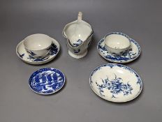 A Worcester blue and white sauceboat, two tea bowls and saucers, late 18th century and a Japanese
