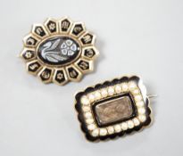 Two 19th century yellwo metal mourning brooches, one with plaited hair, split pearls and engraved