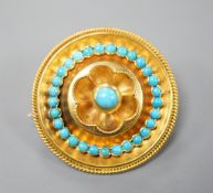 A Victorian yellow metal and turquoise cluster set circular brooch, with glazed back, 34mm,gross