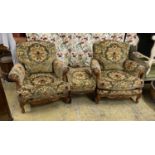 A pair of Louis XVI style armchairs, width 90cm, depth 86cm, height 82cm and a stool