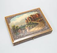 A 19th century European necessaire, with a painted figurative landscape scene on the cover,15 cms