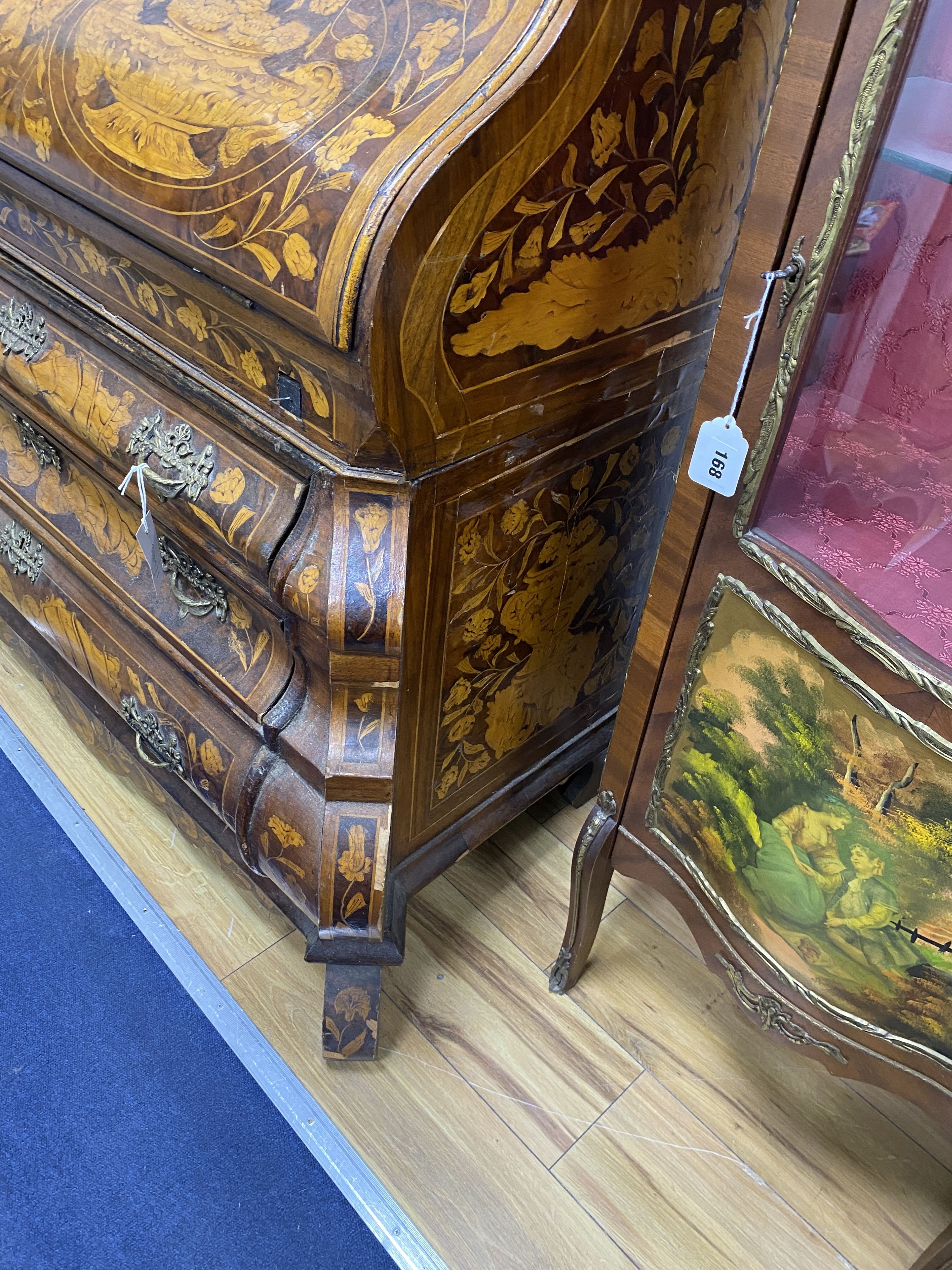 A Dutch floral marquetry walnut bombe bureau cabinet, width 120cm, depth 60cm, height 210cm - Image 4 of 4