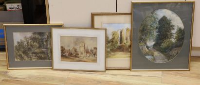Victorian School, four watercolours, View of a country church and other country scenes, largest 42 x