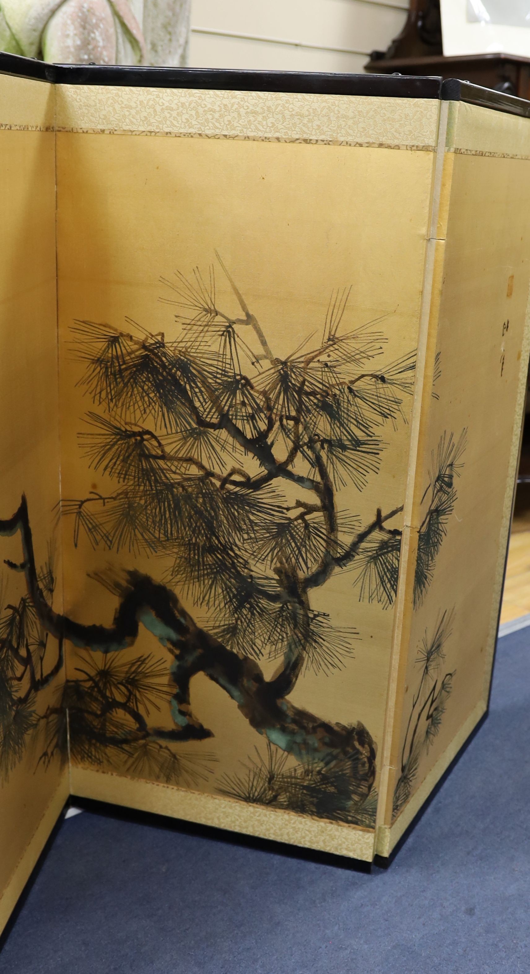 A Japanese gilt screen decorated with pine branches together with a Chinese rectangular wall - Image 2 of 4