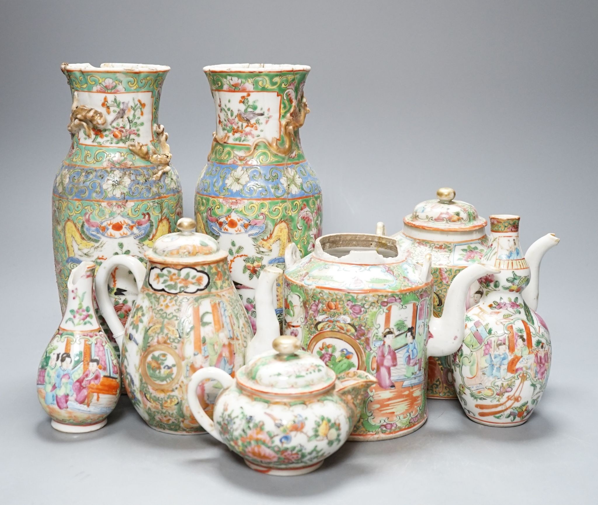 A group of Canton famille teawares and vases, largest 25cm