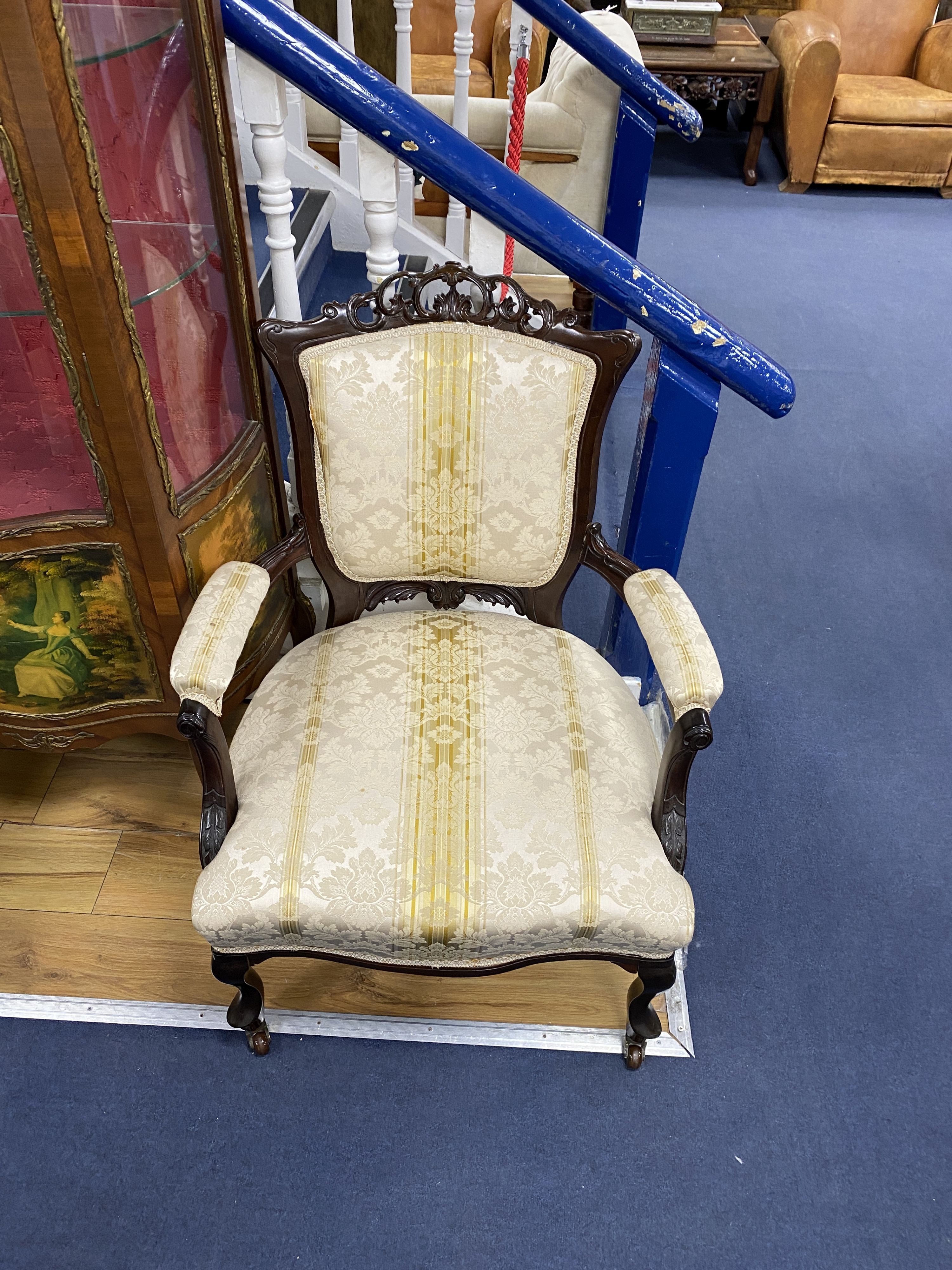 A pair of late Victorian carved mahogany open armchairs, width 66cm, depth 70cm, height 76cm - Image 3 of 4