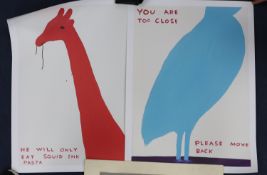 David Shrigley (1968-), two colour prints, 'You are too close' and 'He will only eat squid ink