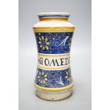 An 18th/ 19th century Italian maiolica ‘GOMEDERA’ albarello, 22.5cm